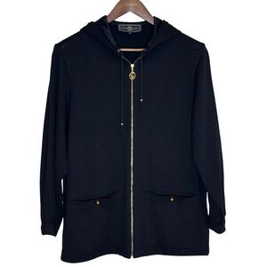 St. John Sport Black Hooded Zip Knit Jacket Women's Petit Gold Logo Zipper USA